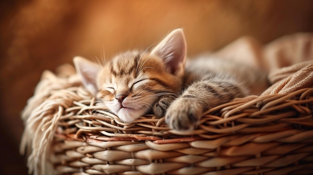 um pequeno gato está dormindo em uma cesta Closeup