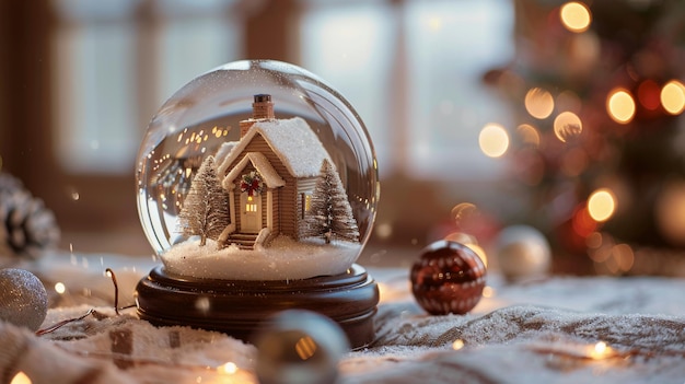 Um pequeno globo de neve com uma cabana de madeira e luzes de Natal