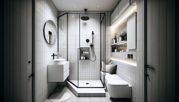 Um pequeno interior de banheiro de estilo moderno, este espaço compacto foi projetado de forma eficiente com um canto
