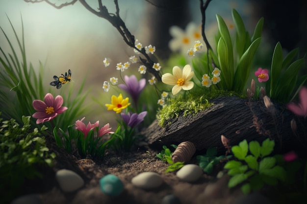 Foto um pequeno jardim com flores e um toco de árvore