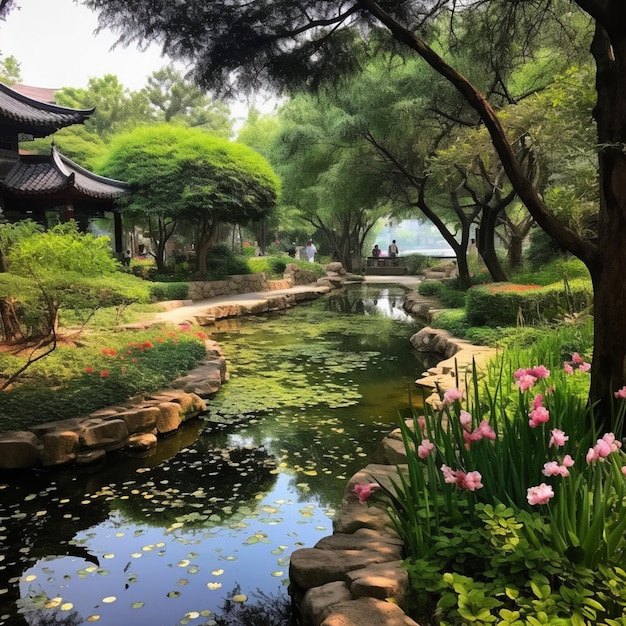 Um pequeno lago com flores e árvores ao fundo.