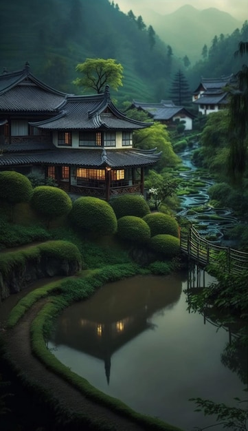 Um pequeno lago numa pequena aldeia com um pequeno lago e uma casa com uma pequena ponte ao fundo.