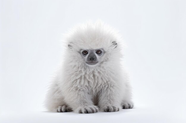 Um pequeno macaco branco sentado em uma superfície branca