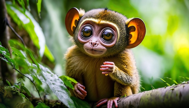 Um pequeno macaco com olhos grandes senta-se em uma árvore.