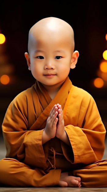 um pequeno monge com as mãos cruzadas em frente a uma janela.
