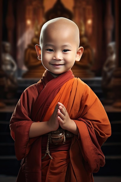 Um pequeno monge posando dentro de um templo