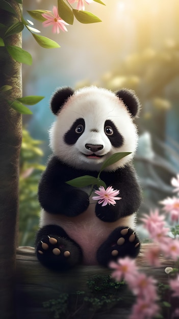 Foto um pequeno panda fofo com uma flor