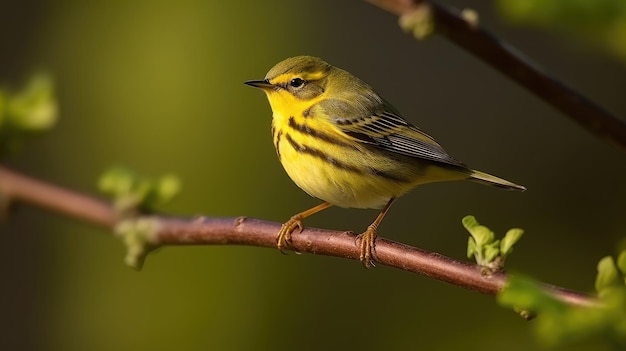 Um pequeno pássaro amarelo e preto senta-se em um galho.