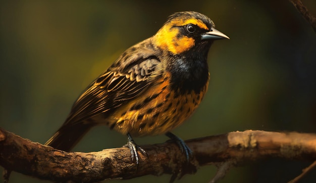 Um pequeno pássaro amarelo e preto sentado em um galho de árvore