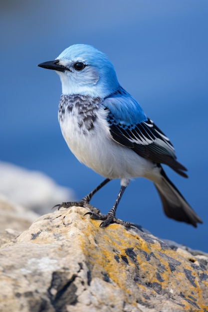 um pequeno pássaro azul e branco sentado em uma pedra