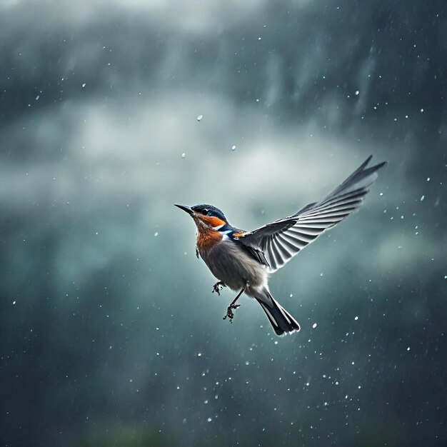 um pequeno pássaro bonito voando na chuva