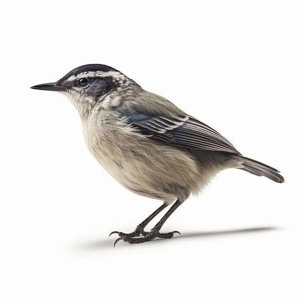Um pequeno pássaro com fundo branco e uma faixa preta na cabeça.