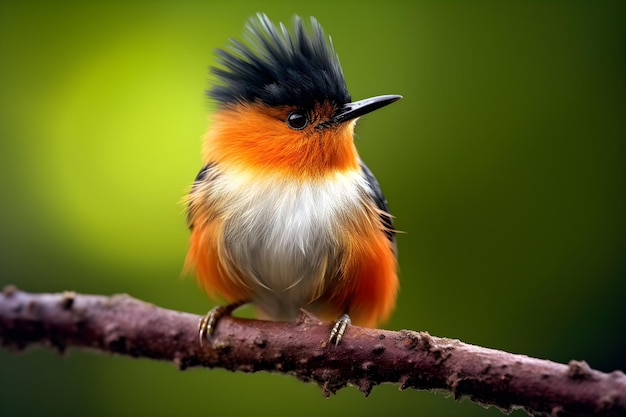 Um pequeno pássaro com uma cabeça laranja brilhante e penas pretas senta-se em um galho.