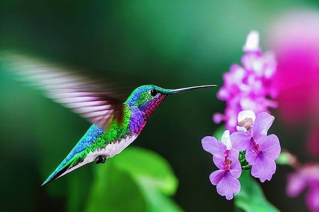 Um pequeno pássaro de calibre com penas azuis e roxas voa perto de uma ilustração 3D de flor rosa