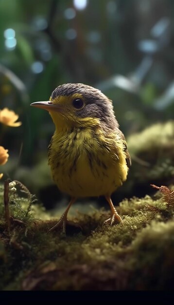 Foto um pequeno pássaro está parado em um terreno coberto de musgo.