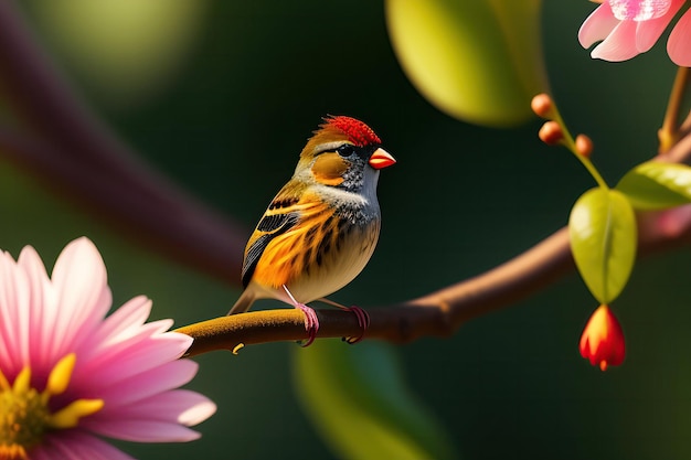 Um pequeno pássaro está sentado em um galho com uma flor rosa ao fundo.