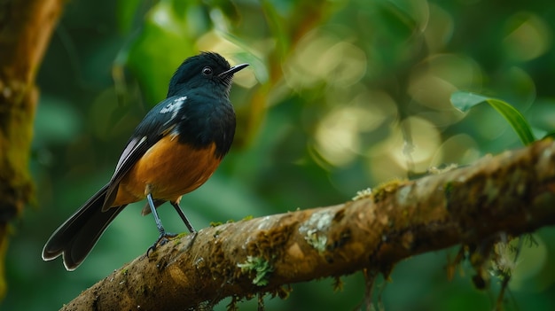 Foto um pequeno pássaro passerine, o shama copsychus malabaricus, é nativo de habitats densamente vegetados no subcontinente indiano e no sudeste da ásia.