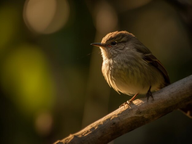 Um pequeno pássaro senta-se em um galho ao sol