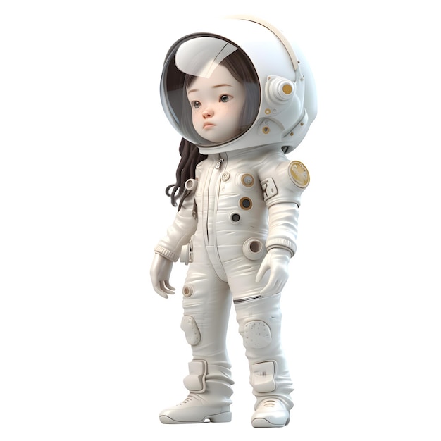 Um pequeno passo para sua linda garota 3D na engrenagem espacial isolada no fundo branco