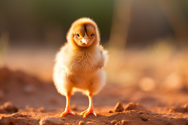 um pequeno pato amarelo de pé em um campo de terra