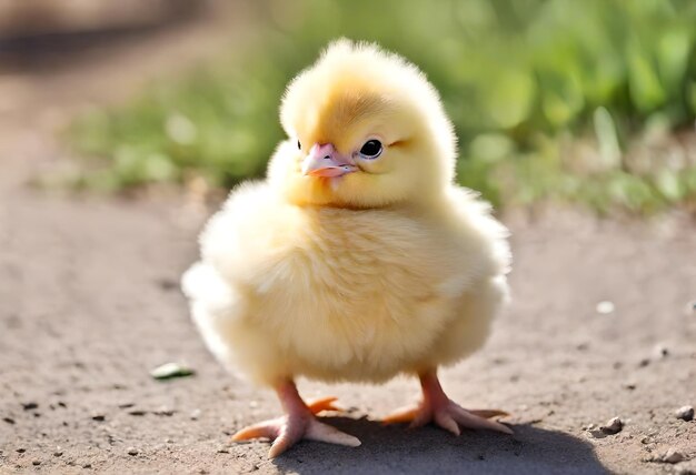 Um pequeno pato amarelo está de pé num caminho de terra.