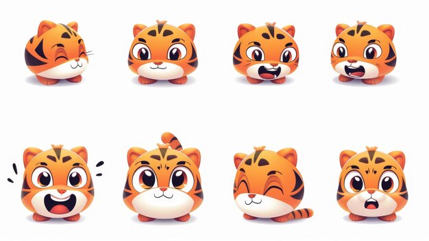 Foto um pequeno personagem tigre bonito com uma ampla gama de emoções emoji de gatinho de desenho animado animal mascote em um fundo branco