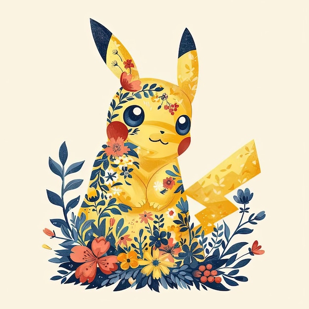 Um pequeno pikachu bonito sentado num campo de flores