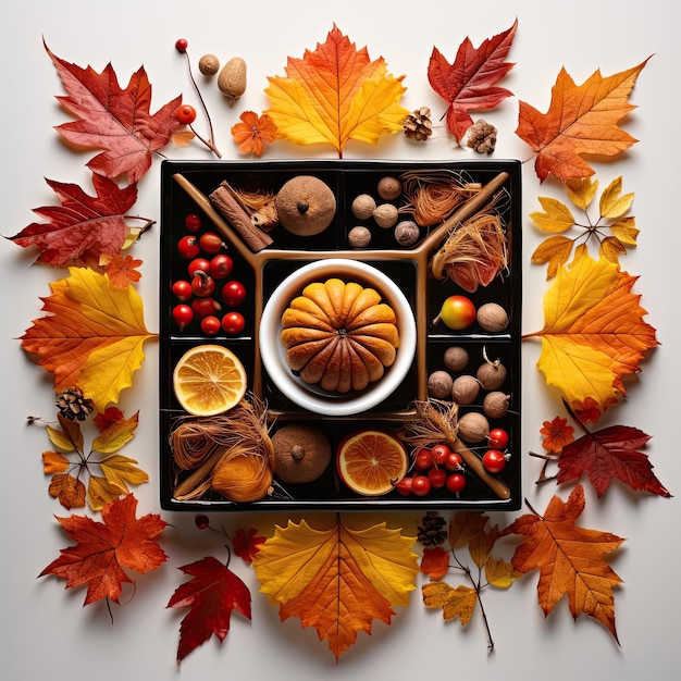 um pequeno prato é colocado no meio de folhas frescas de outono no estilo de quadros animados