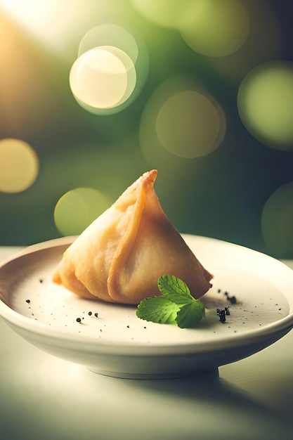 Um pequeno quadrado de samosa fica em um prato com uma folha de hortelã ao lado.