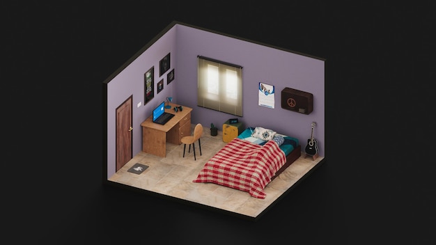 Um pequeno quarto com uma cama e uma escrivaninha com um violão.