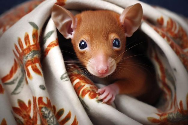 Foto um pequeno rato bonito com olhos azuis num cobertor em close-up