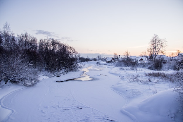 Um pequeno rio no inverno. paisagem de inverno. água nos rios. árvores de inverno. neve.