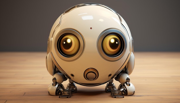 Um pequeno robô esférico com grandes olhos expressivos e um sorriso amigável podia rolar em rodas e fazer barulhos bonitos