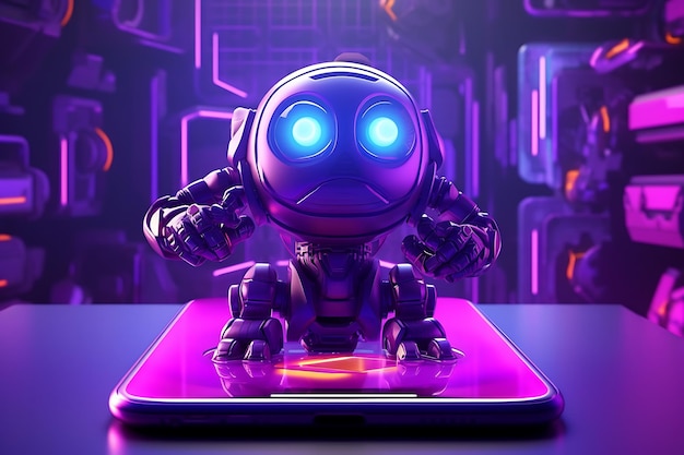 um pequeno robô roxo com luzes neon na tela do telefone