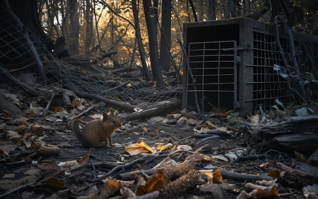 Um pequeno roedor olha com curiosidade perto de uma gaiola aberta de resgate de animais selvagens