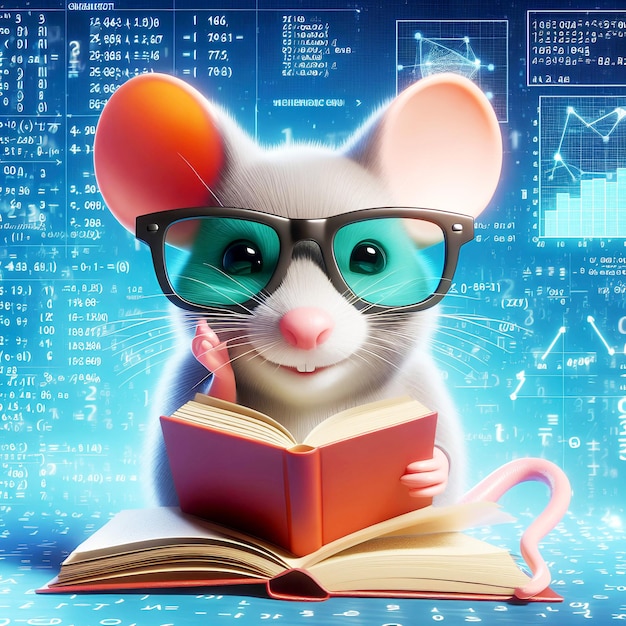 um pequeno sorriso de rato com óculos de sol lendo livros e resolvendo análises de dados matemáticos em conceito