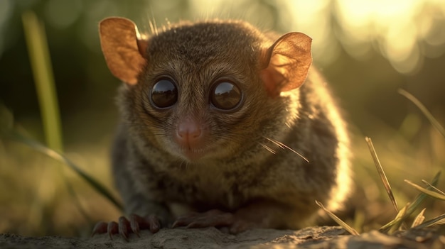 Um pequeno tarsier senta-se em uma rocha ao sol.