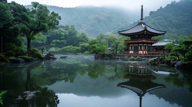 Foto um pequeno templo com um reflexo de uma montanha na água