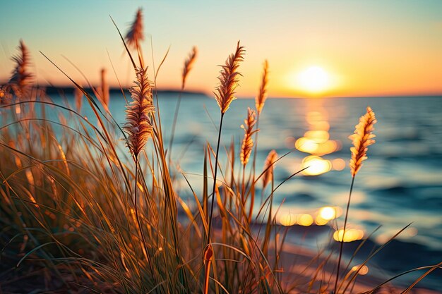 Um pequeno tronco de grama com pôr do sol sobre o sol calmo do mar se pondo no horizonte Bela natureza