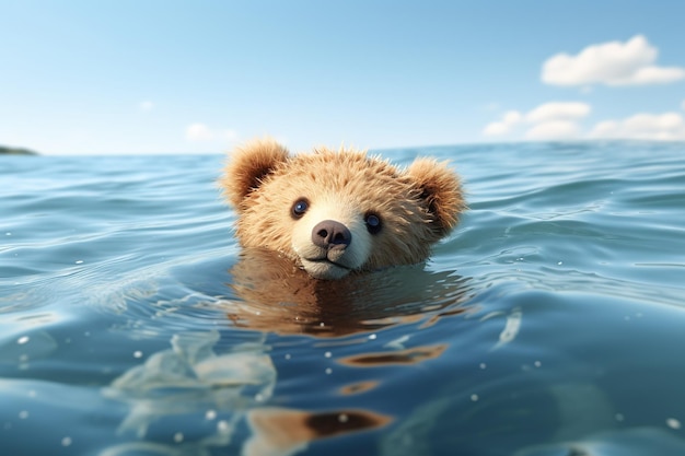 Um pequeno urso castanho bonito a nadar no mar no verão.