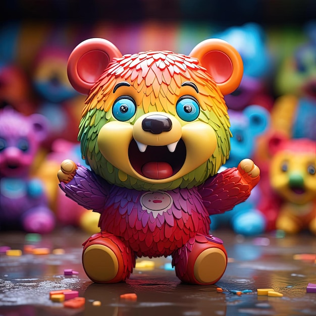 Foto um pequeno urso colorido no meio de um arco-íris