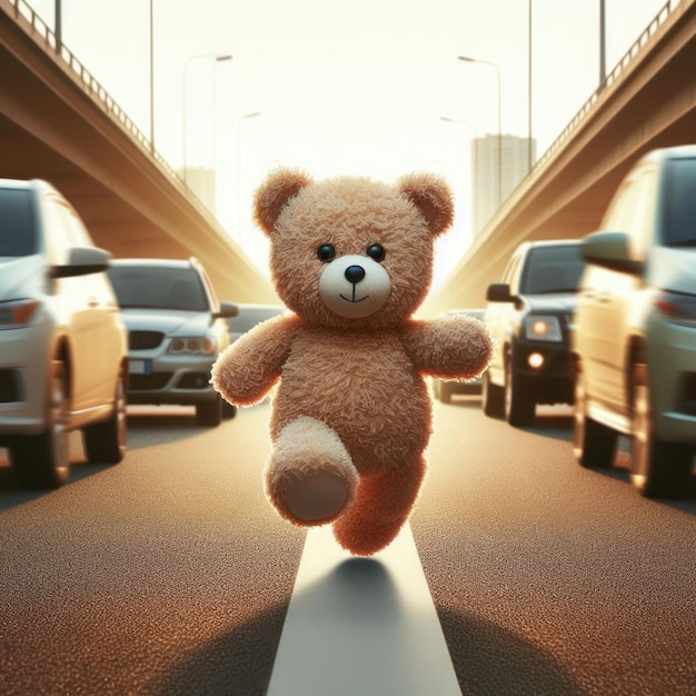 Foto um pequeno urso correndo ao longo da estrada entre carros