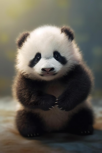 Um pequeno urso panda sentado em uma imagem ai generativa de rocha