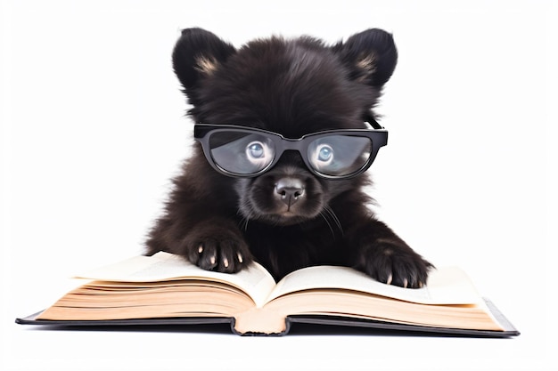 um pequeno urso preto lendo um livro