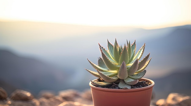 Um pequeno vaso de plantas fica em uma saliência com uma montanha ao fundo.