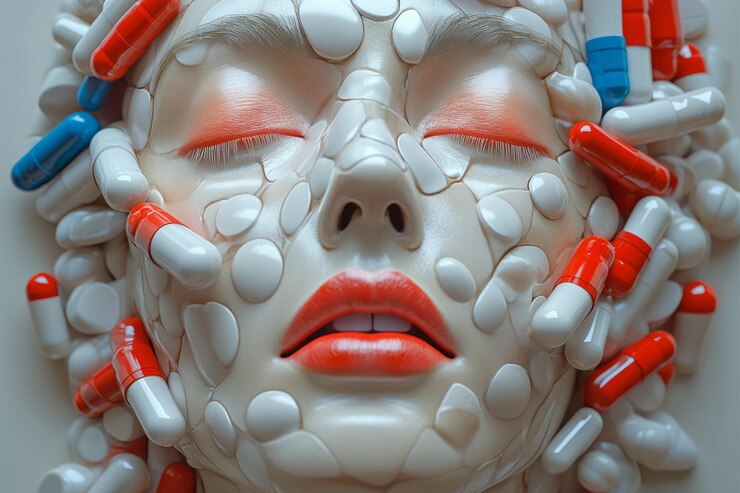 Foto um perfil 3d minimalista de um rosto com pílulas colocadas com precisão para definir os olhos, nariz e boca de uma maneira abstrata e limpa
