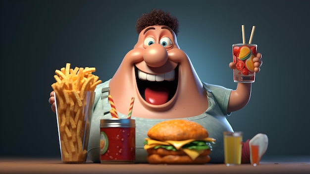 Um personagem 3D alegre desfrutando de fast food