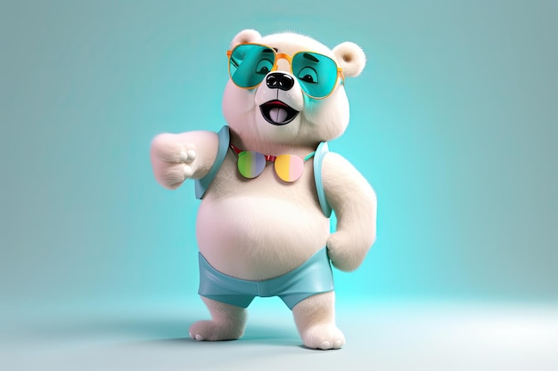 Um personagem 3D feliz e legal de um urso com corpo inteiro vestindo roupas e óculos de sol em um plano de fundo Generative AI