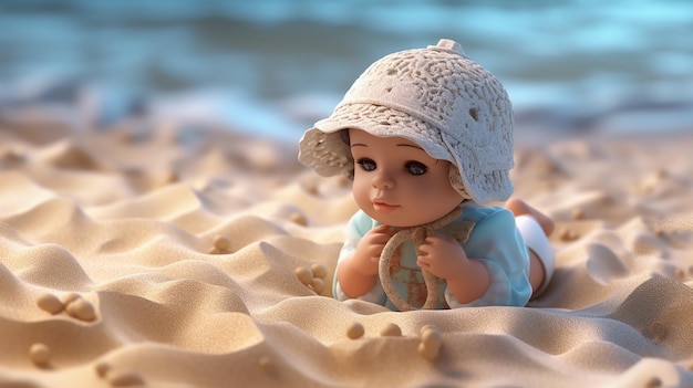 um personagem 3d fofo de uma menina deitada na areia feita por IA generativa