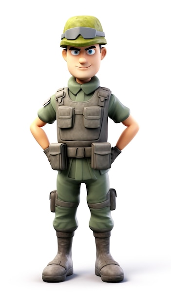 Um personagem 3D Soldado do Exército Cartoon de comprimento completo com fundo branco ai generativo